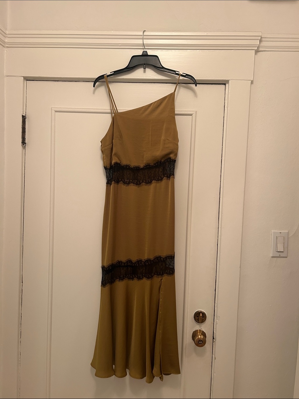 Zara Olive Silk One-Shoulder Slip Dress with Black Lace